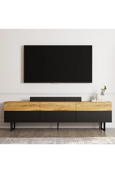 SIGN Modern Tek Kapaklı TV Sehpası - 180 cm - Siyah Metal Ayaklar  Siyah/Antik Ceviz ürün görseli 1