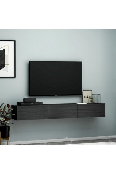 Terra Duvara Monte 3 Kapaklı Modern TV Sehpası – 180 cm  Siyah ürün görseli 1