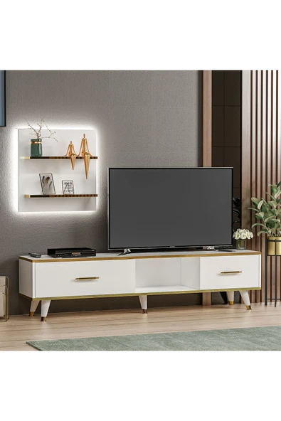 Aren Işıklı TV Ünitesi – Duvara Monte Raflı, Gold Detaylı Modern Tasarım  Beyaz ürün görseli 1