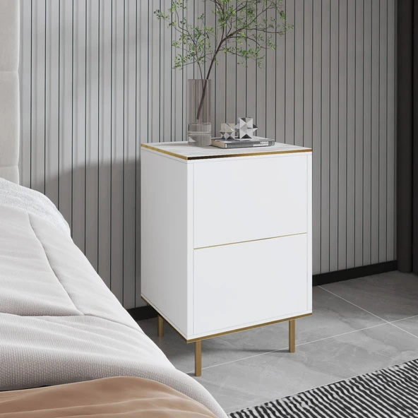 İmaj Modern Kapaklı Komodin – Mermer Desenli & Gold Detaylı  Orma Mermer/Beyaz ürün görseli 1