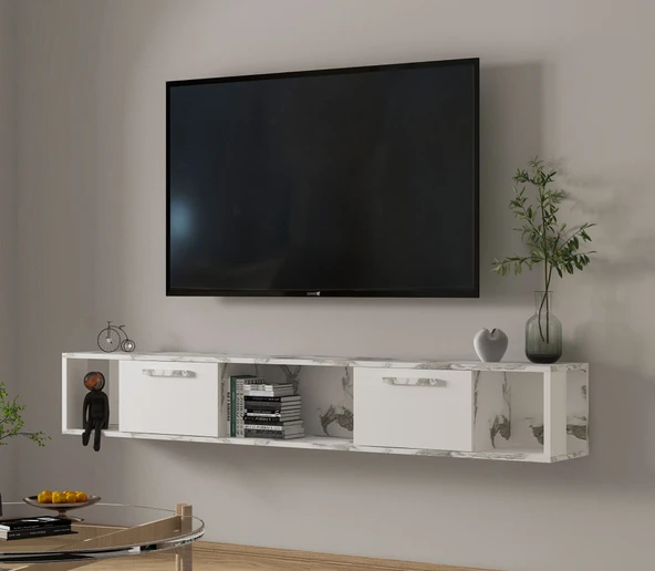 T006 Viero Mermer Desenli Duvara Monte TV Sehpası – 160 cm, Kapaklı Raflı  Beyaz/Beyaz Mermer ürün görseli 1
