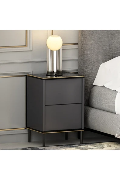 İmaj Modern Kapaklı Komodin – Mermer Desenli & Gold Detaylı  Antrasit ürün görseli 1