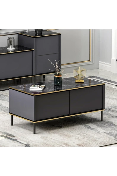 İmaj Modern Kapaklı Orta Sehpa – 90x45 cm | Mermer Desenli ve Gold Detaylı  Antrasit ürün görseli 1