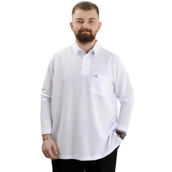 Büyük Beden Erkek Sweatshirt Polo Yaka Uzun Kol WAFFLE 23449 Beyaz ürün görseli 1