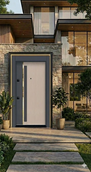 LİV Concept Elite Serisi Lüks Antrasit-krem Dikey Çizgili Kabartma Çelik Villa Kapısı (210x110 Cm) - Yüksek Güvenlikli ürün görseli 1