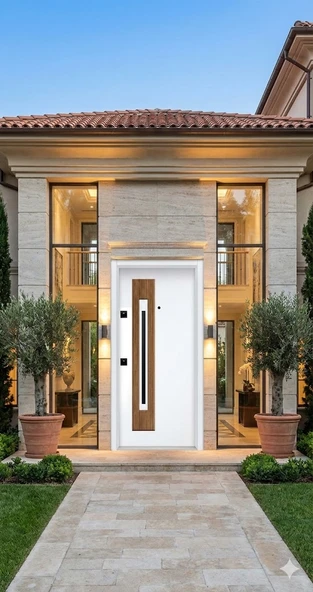 LİV Concept Modern Lüks Villa Çelik Kapı - Beyaz Gövde Dikey Ahşap Ve Siyah Panel Detaylı (pervazdan Pervaza 110x210 Cm) ürün görseli 1