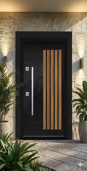 LİV Concept Modern Siyah High-gloss Yüzeyli Dikey Ahşap Çıtalı Lüks Çelik Villa Kapısı (110x210 Cm) ürün görseli 1