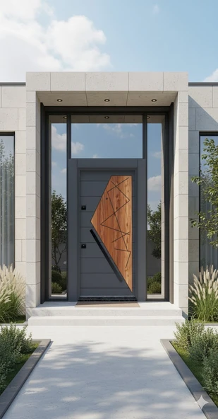 LİV Concept Modern Geometrik Desenli Çelik Villa Kapısı - Antrasit & Meşe ürün görseli 1
