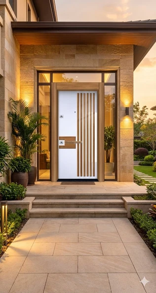 LİV Concept Prestij Villa Serisi: 110x210 Cm Modern Beyaz - Dikey Ahşap Tasarımlı Lüks Çelik Kapı ürün görseli 1