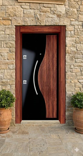 LİV Concept Modern Dalga Tasarımlı Siyah & Ceviz Lüks Villa Çelik Kapısı (110x210 Cm) ürün görseli 1