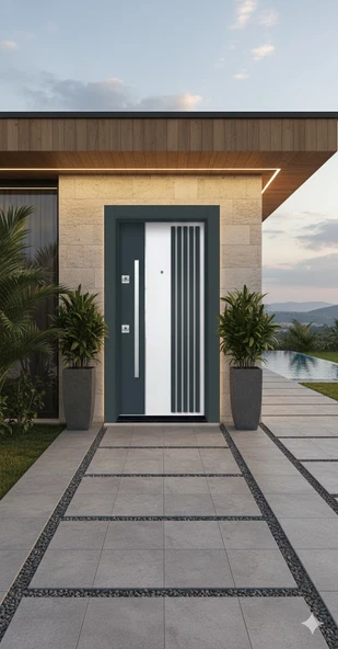 LİV Concept Modern Line Antrasit Ve Beyaz Villa Tipi Çelik Kapı - Özel Tasarım Çizgili Panel ürün görseli 1