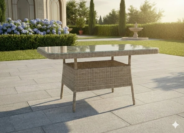 LİV Concept Gardenya Serisi Rattan Örgü Cam Tablalı Dikdörtgen Bahçe Ve Balkon Sehpası ürün görseli 1