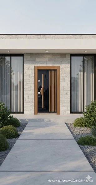 LİV Concept Modern Villa Serisi - Antrasit Cam Ve Meşe Detaylı Çelik Dış Cephe Kapısı ürün görseli 1