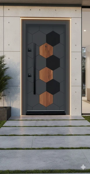 LİV Concept Modern Hexa Antrasit & Ceviz Desenli Çelik Kapı ürün görseli 1