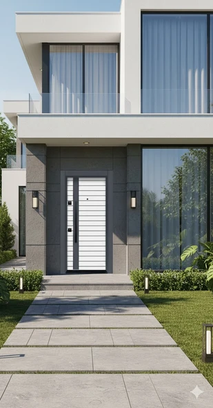LİV Concept Modern Villa Serisi - Antrasit Çizgili Yatay Panel Çelik Kapı ürün görseli 1