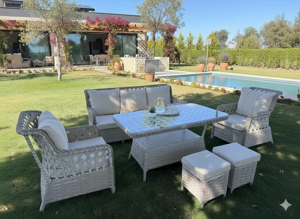 LİV Concept Premium Rattan Bahçe Mobilyası Seti – 6 Parça Konfor Serisi (3’lü Koltuk + 2 Tekli Koltuk + 2 Puf 90x160 Masa ürün görseli 1