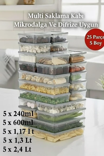 25 Parça 5 Boy Multi Saklama Kabı Seti Difrize ve Microdalgaya Uygun ürün görseli 1