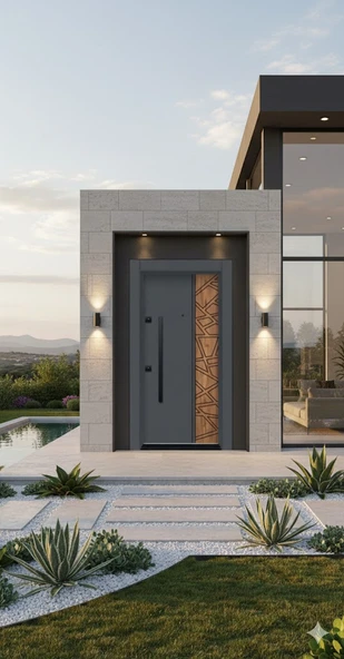 LİV Concept Liv Aksesuar Modern Lüks Villa Çelik Kapı - Antrasit Gri & Geometrik Ahşap Desenli ürün görseli 1