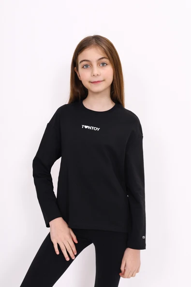Toontoy Kız Çocuk Baskılı Bisiklet Yaka Uzun Kollu Tişört ürün görseli 1