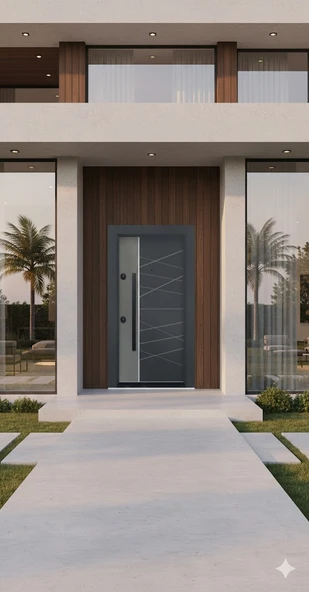 LİV Concept Modern Antrasit Çelik Kapı - Çizgi Desenli Ve Alüminyum Detaylı ürün görseli 1