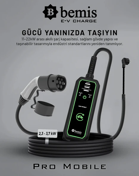 Bemis Mini Mobil Taşınabilir Elektrikli Araç Şarj Cihazı - 2,3 Kw / 3,7 Kw - 15 Metre - Çanta Hediye ürün görseli 1