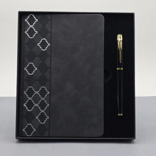 HERŞEYTREND  Desenli Siyah Deri Defter Kalem Set ürün görseli 1