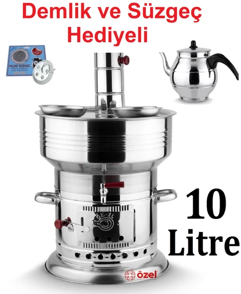 10 Litre Paslanmaz Krom Odunlu Kömürlü Çay Semaveri Odunlu Kömürlü Semaver DEMLİK HEDİYELİ Semaver ürün görseli 1