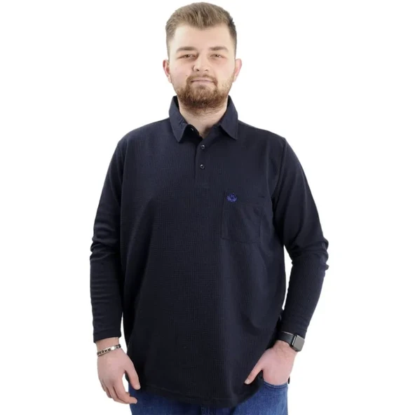 Büyük Beden Erkek Sweatshirt Polo Yaka Uzun Kol WAFFLE 23449 Lacivert ürün görseli 1