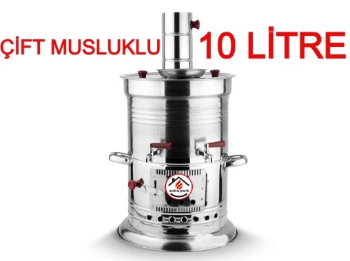 10 Litre Paslanmaz Metal Odunlu Kömürlü Çay Semaveri Büyük Çift Musluklu Odunlu Kömürlü Semaver 10 L ürün görseli 1