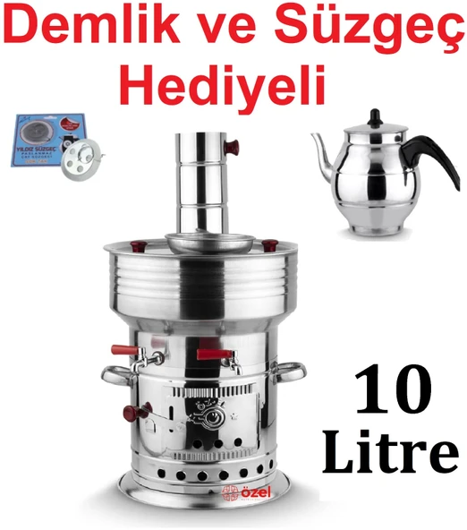 10 Litre Paslanmaz Metal Odunlu Kömürlü Çay Semaveri Büyük Çift Musluklu DEMLİK HEDİYELİ Semaver 10 ürün görseli 1