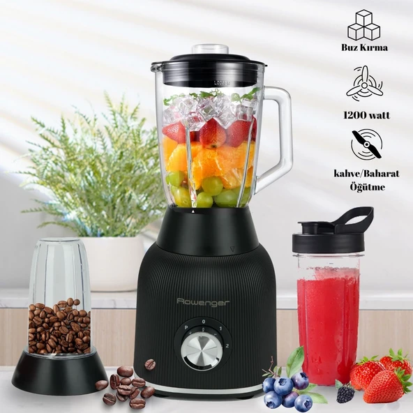 Rowenger 1200 watt Dual Smoothie Blender Kişisel Blender Cam Sürahi Blender Meyve Sıkacağı Siyah ürün görseli 1