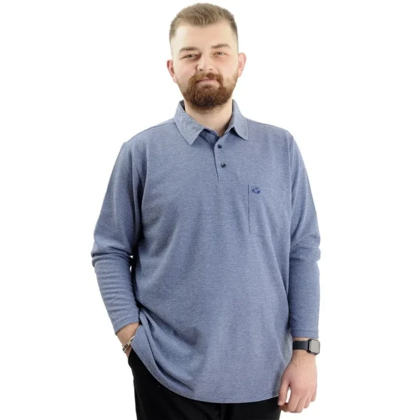 Büyük Beden Erkek Sweatshirt Polo Yaka Uzun Kol WAFFLE 23449 İndigo ürün görseli 1