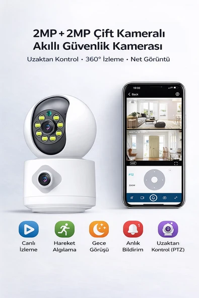 Çift Kameralı 360 WiFi Güvenlik Kamerası Ev Ofis İçin Güçlü Güvenlik Uzaktan İzleme Hareket Sensörlü ürün görseli 1