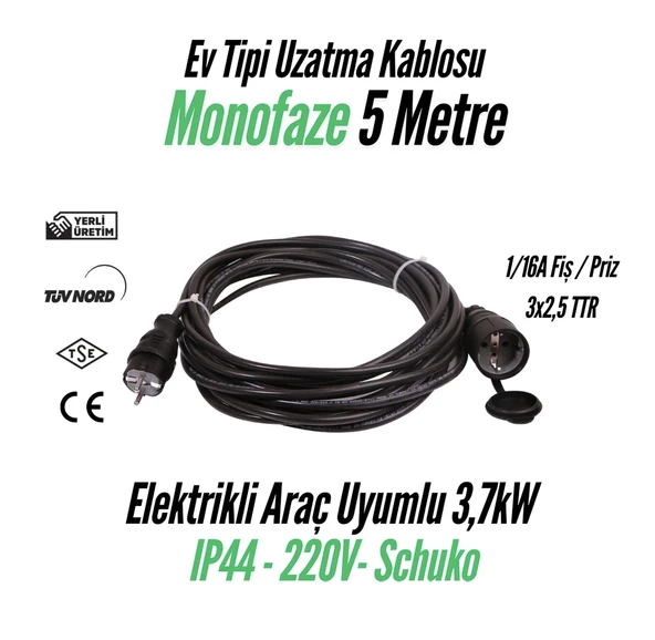Bemis Elektrikli Araç Monofaze Uzatma Kablosu 16A 10 Metre - 3,7 kW 1/16A Fiş - 1/16A Priz 3x2,5 TTR ürün görseli 1