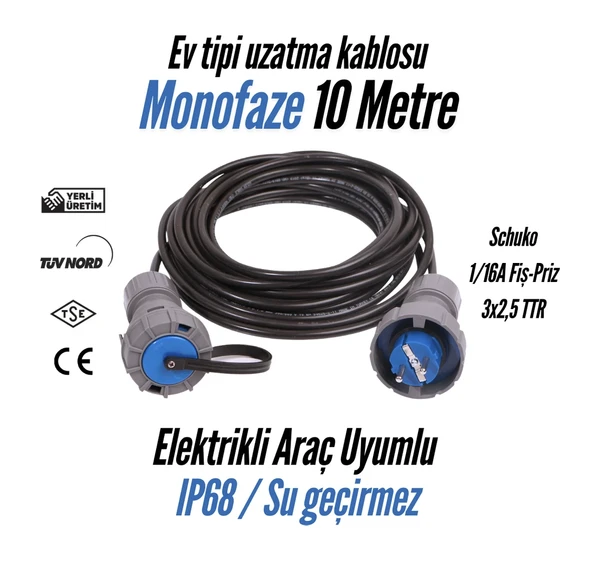 Bemis Elektrikli Araç Uyumlu Seyyar Uzatma Kablosu Monofaze 10 Metre 3x2,5 TTR IP68 1/16A Fiş - IP68 1/16A Priz ürün görseli 1