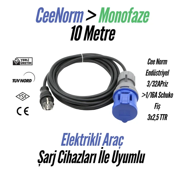 Bemis CEE Norm 16A EV Şarj Uzatma Kablosu Monofaze 10 Metre 3,7 kW 1/16A Fiş - 3/32A Priz 3x2,5 TTR ürün görseli 1