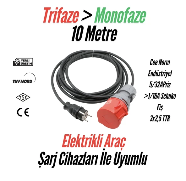Bemis Elektrikli Araç Uyumlu Seyyar Uzatma Kablosu 10Metre CEE Norm 1/16A Fiş - 5/32A Priz 3x2,5 TTR ürün görseli 1