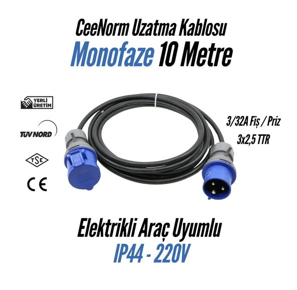 Bemis Elektrikli Araç Trifaze Uzatma Kablosu 10 Metre, 7,4 kW 3/32A Fiş - 3/32A Priz 3x6 TTR ürün görseli 1