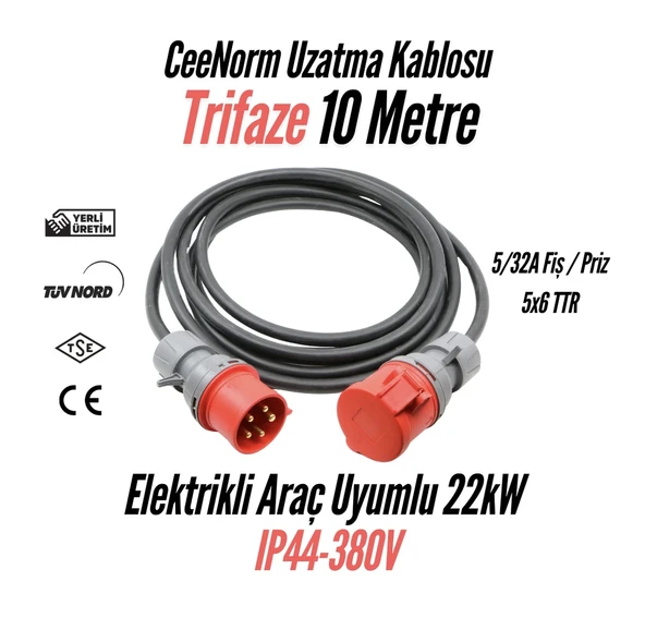 Bemis CEE Norm EV Şarj Uzatma Kablosu 5x6 10 Metre 11 kW - 22 kW 5/32A Fiş - 5/32A Priz ürün görseli 1
