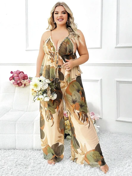 HERŞEYTREND  Özel Tasarım Büyük Beden Çiçek Desenli İnce Askılı 2li Pijama Takımı ürün görseli 1