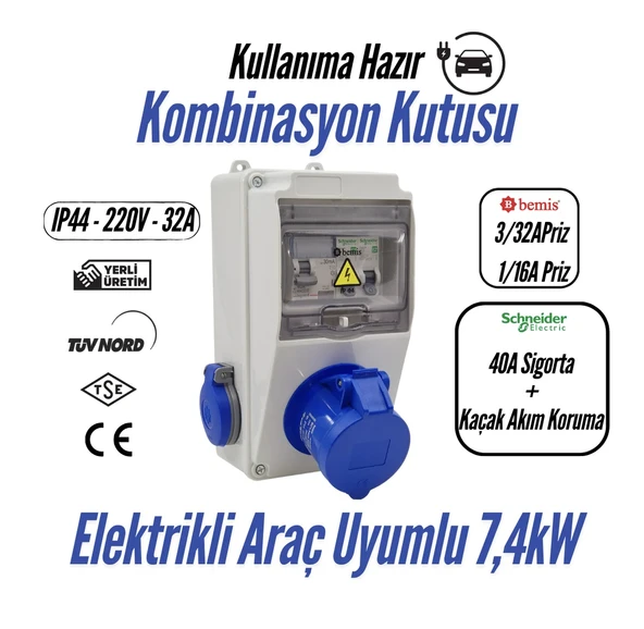 Bemis Kombinasyon Kutusu-Taşınabilir Elektrikli Araç Şarj Cihazları İçin Uygundur - 40A Sigorta + Kaçak Akım Korumalı) - 3/32A Ön Çıkış + 1/16A Ön Çıkış IP44 ürün görseli 1