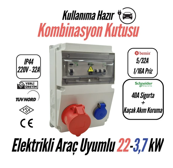 Bemis Kombinasyon Kutusu IP44 - 40A Sigorta + Kaçak Akım Korumalı - Taşınabilir Elektrikli Araç Şarj Cihazları İçin Uygundur - 5/32A Ön Çıkış + 1/16A Ön Çıkış ürün görseli 1