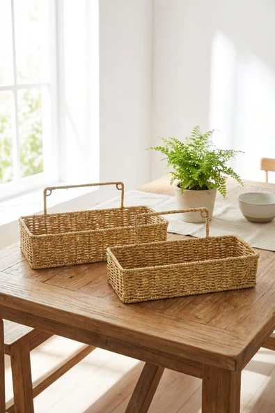 ® 2’li Duvar Askılı Plastik Rattan Organizer – Dikdörtgen Hasır Görünümlü Mutfak Raf Sepeti, B ürün görseli 1