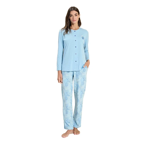 Over Sleep 3314 Kadın Uzun Kol Büyük Beden Önden Düğmeli Modal Pijama Takım (L-XL-XXL-3XL) ürün görseli 1
