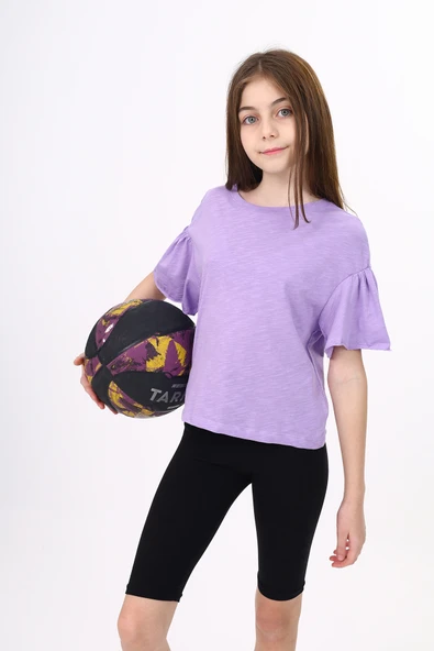 Toontoy Kız Çocuk Bisiklet Yaka Kısa Kolu Büzgülü Tişört ürün görseli 1