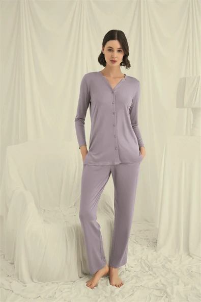 HERŞEYTREND  Uzun Kollu Boydan Düğmeli V Yaka Pijama Takımı ürün görseli 1