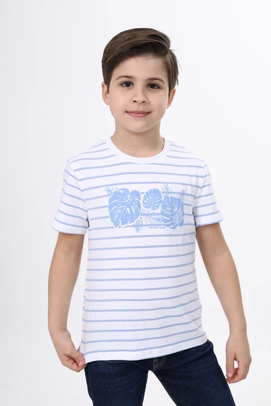 Toontoy Erkek Çocuk Baskılı Bisiklet Yaka Kısa Kollu Çizgili Tişört ürün görseli 1