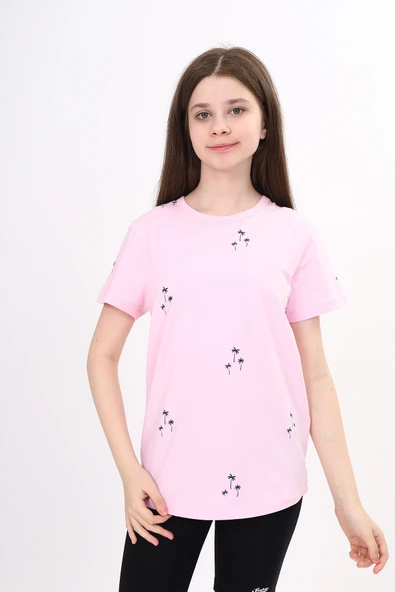 Toontoy Kız Çocuk Baskılı Bisiklet Yaka Kısa Kollu Tişört ürün görseli 1