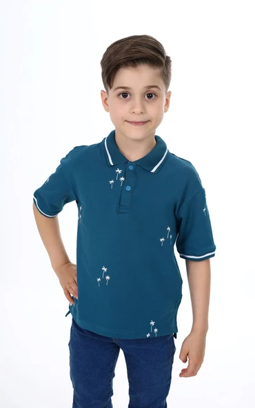 Toontoy Erkek Çocuk Baskılı Polo Yaka Düğmeli Kısa Kollu Tişört ürün görseli 1