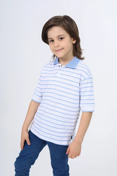 Toontoy Erkek Çocuk Çizgili Polo Yaka Düğmeli Kısa Kollu Tişört ürün görseli 1